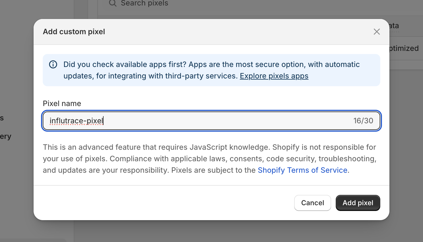 Shopify — Add custom pixel dialog