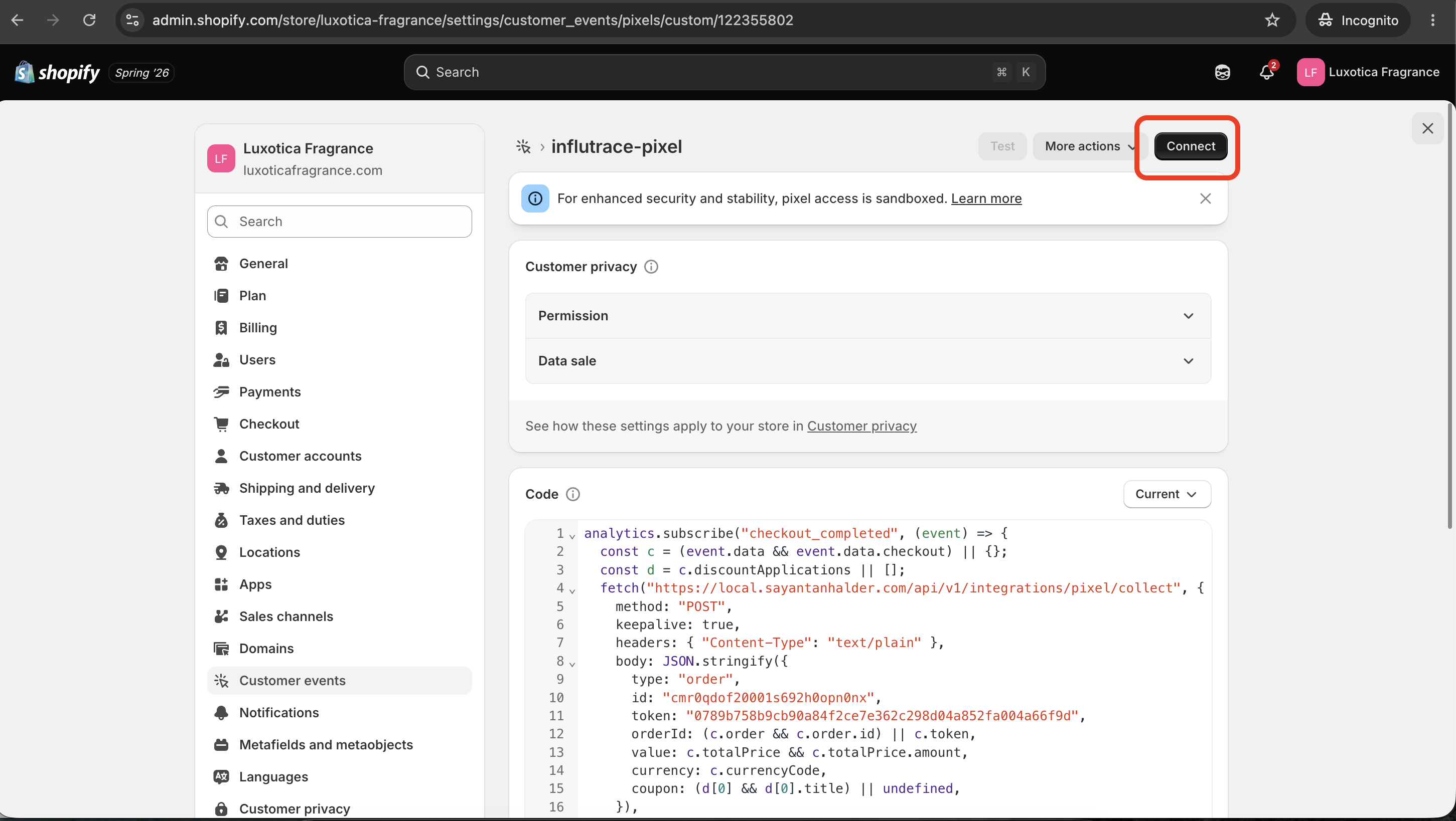 Shopify — click Connect to activate the pixel