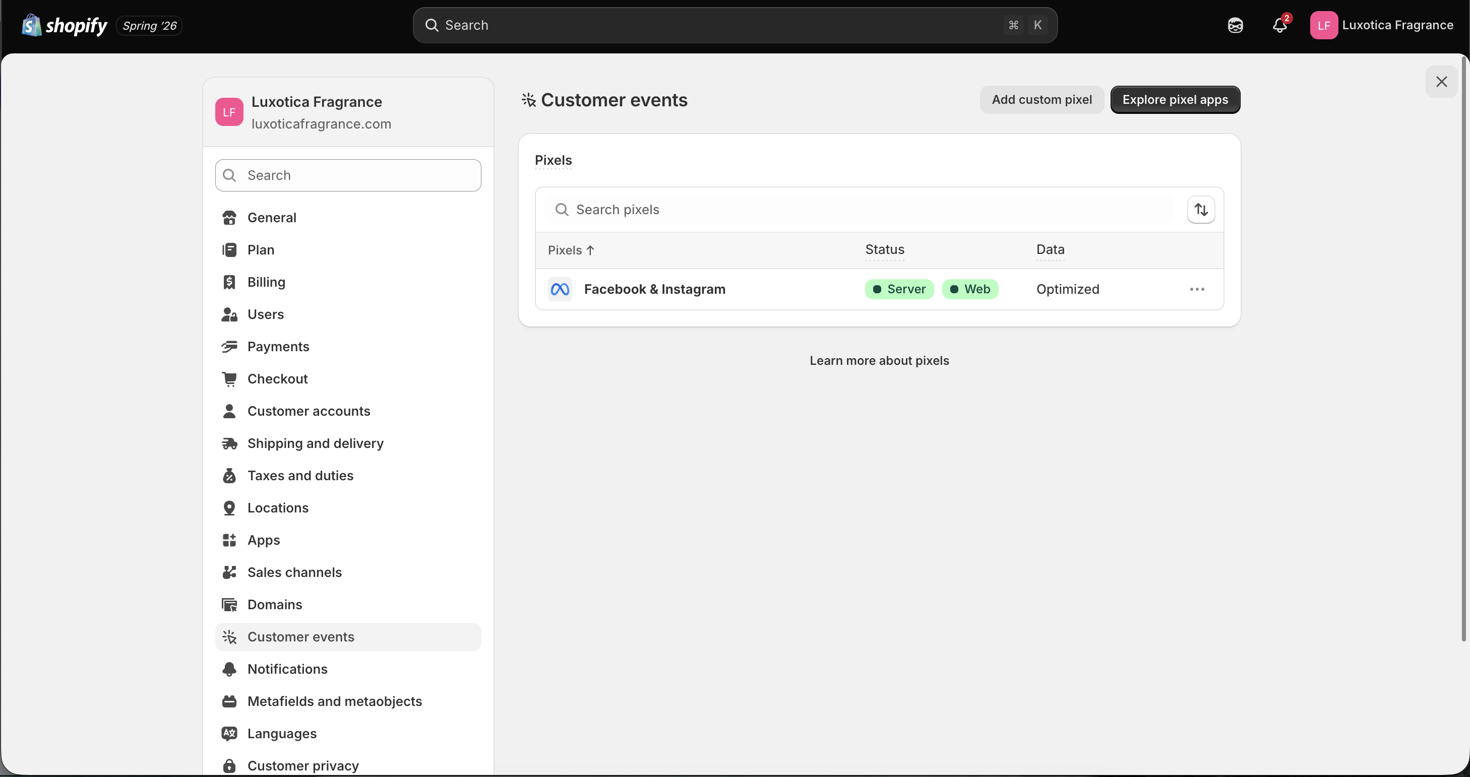 Shopify — Settings → Customer events