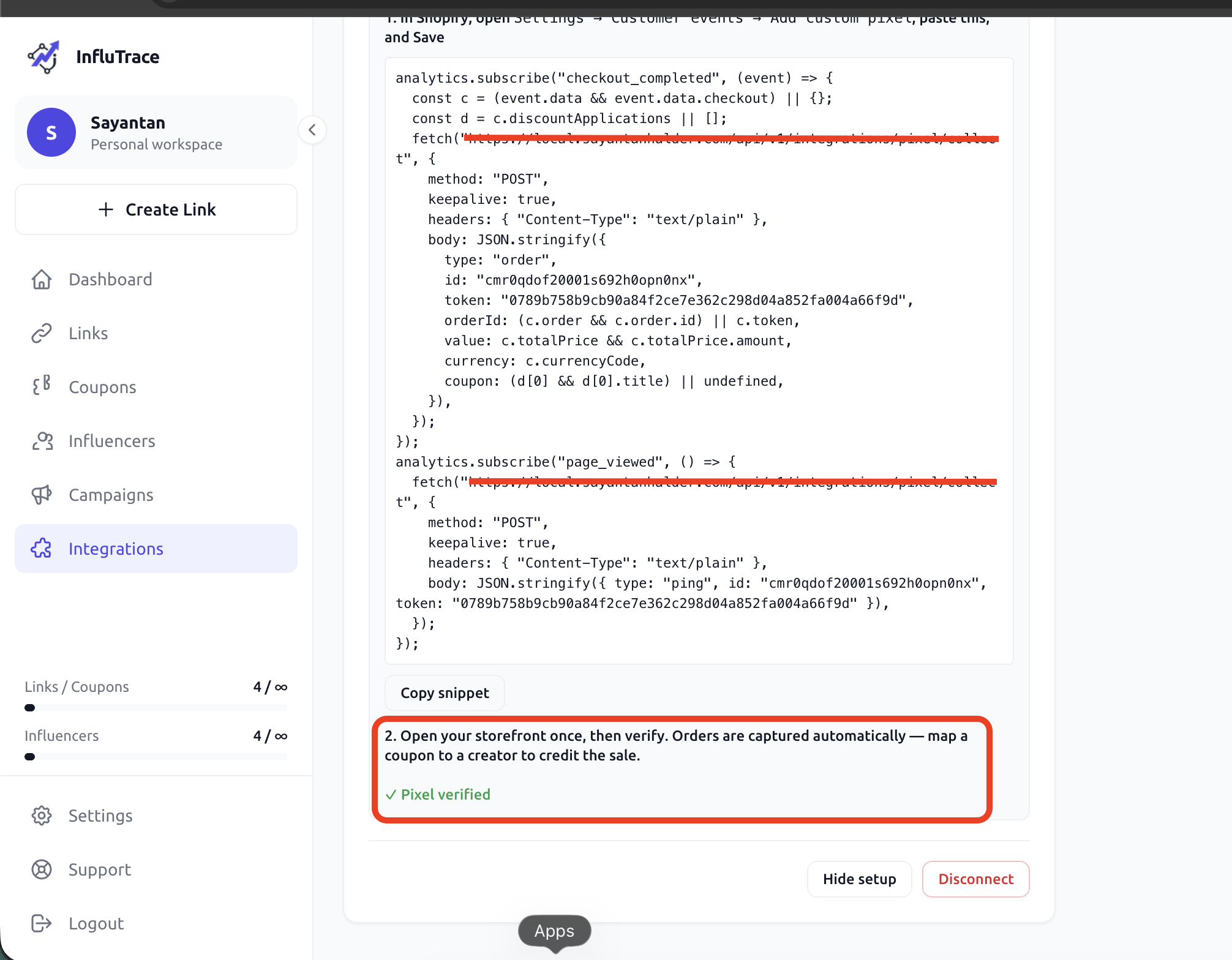 InfluTrace — copy your Shopify pixel snippet