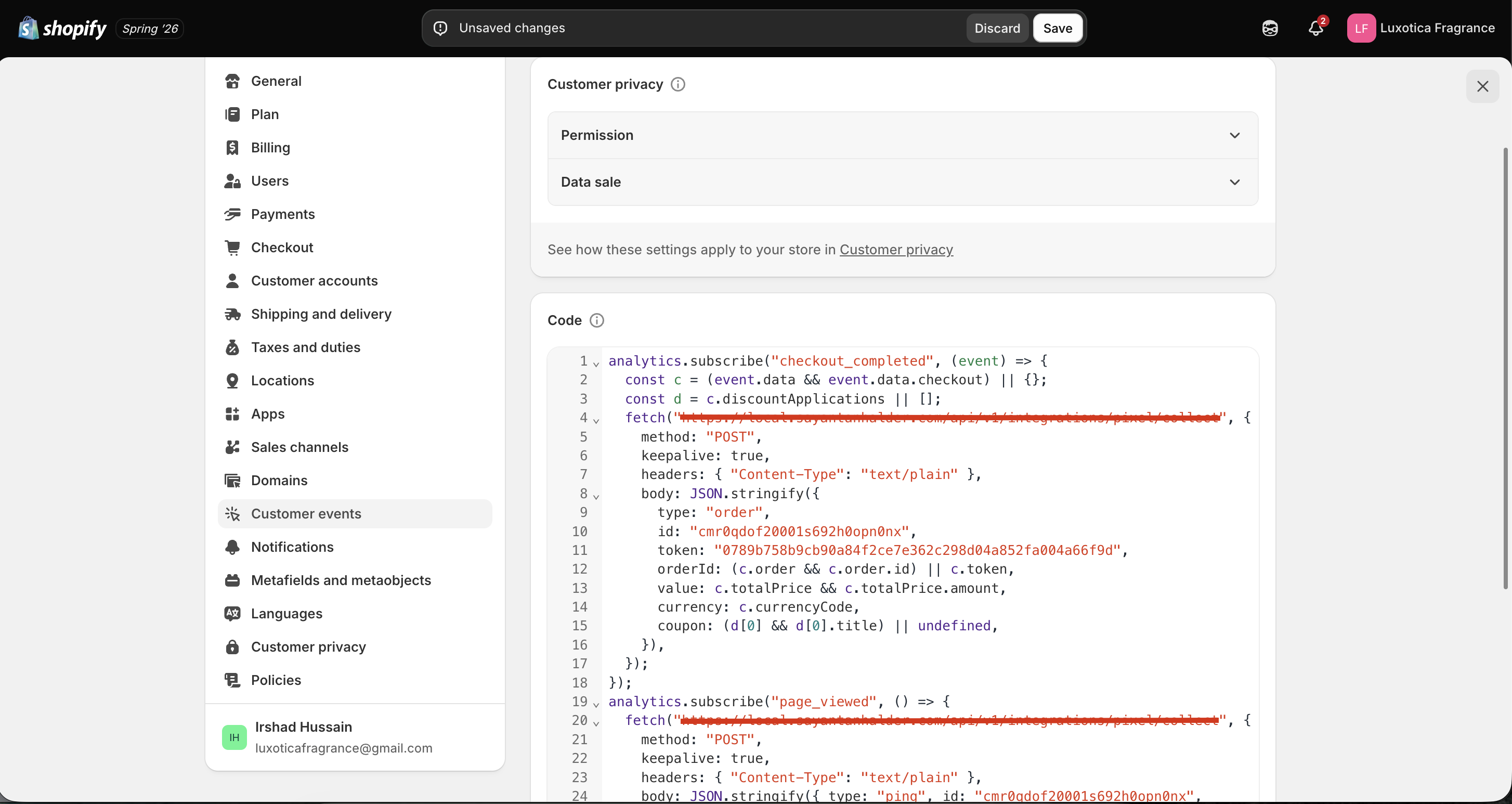Shopify — paste the snippet into the Code box and Save